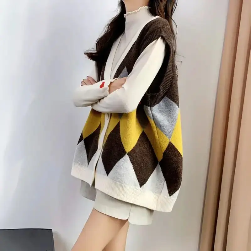 

Korean Contrasting Colors Argyle Button Knitted Cardigan Women's Clothing Spring Autumn New Fashion Vintage V-Neck Sweater Vest