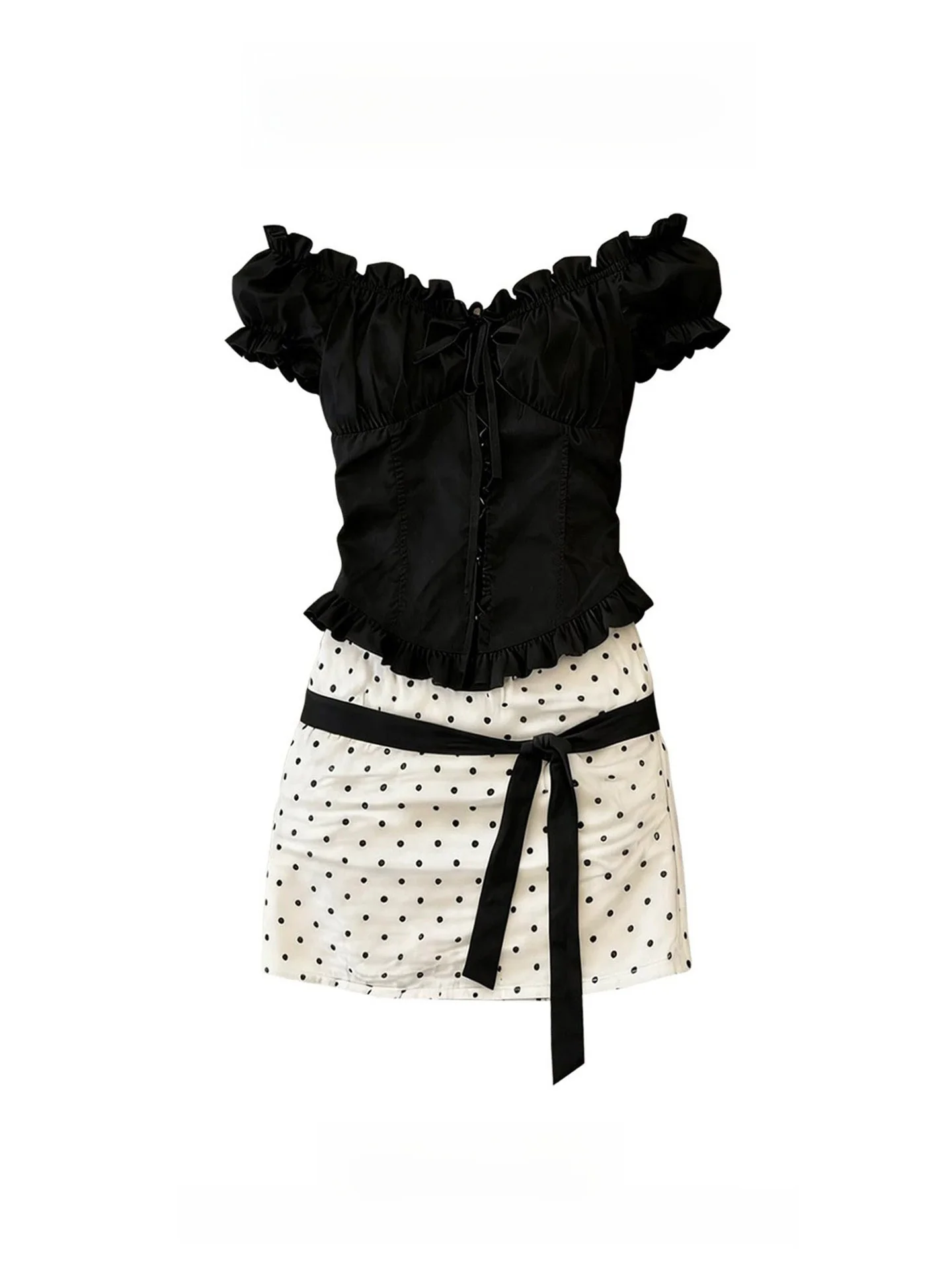 

Sweet Style Summer Outfit Women's One-Shoulder Bubble Sleeve Polka Dot Halter Neck Top High Waist Skirt Two-Piece Set