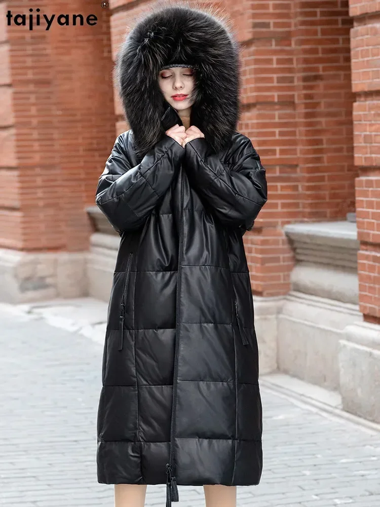 Tajeyane-Chaqueta de piel de oveja auténtica para mujer, abrigos de plumón cálidos de diseñador de lujo con capucha, Cuello de piel de mapache, abrigo Kurtka Damska