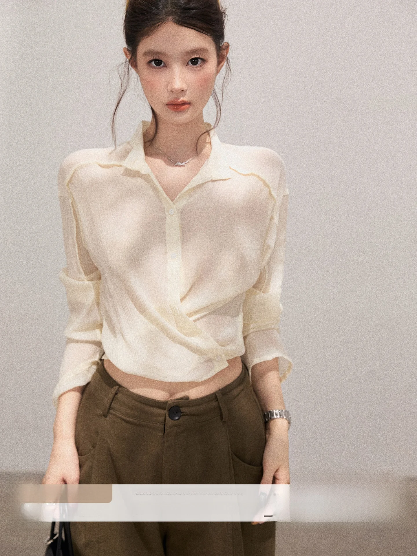 

Xiebu Rou Long Sve irt женский ранняя осень корейский Sle Slim Fit ort длина асимметричный тонкий тканевый отложной воротник