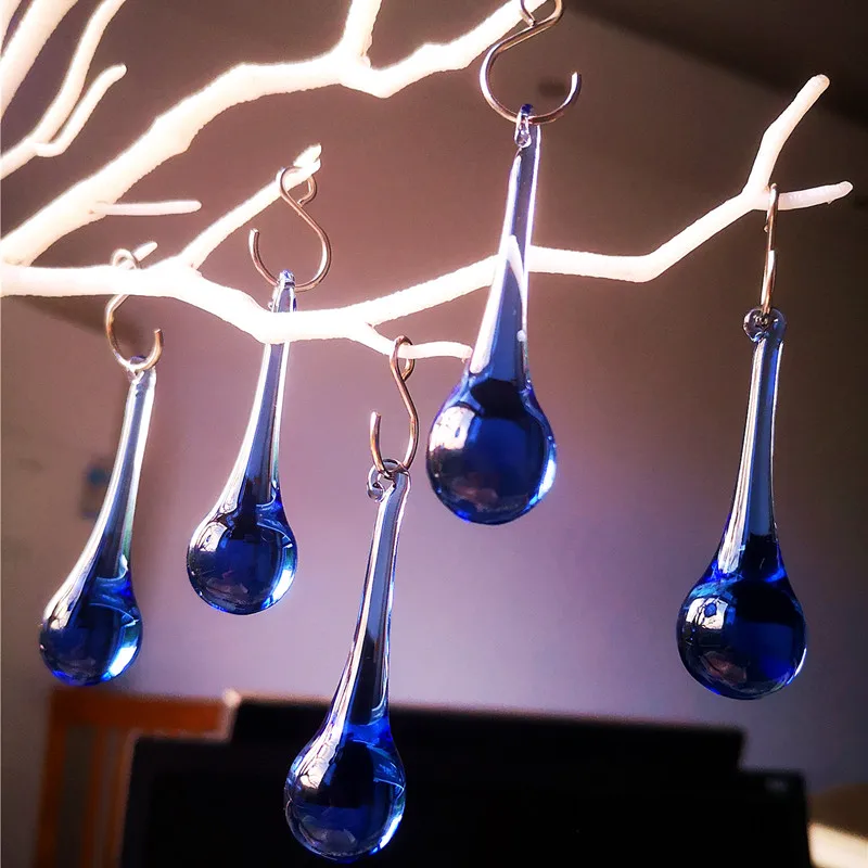 Lustre en cristal de goutte de pluie de lumière bleue en verre, barre de pendentif d'arbre de Noël, décoration d'intérieur de mariage, 20 pièces par lot, crochets gratuits, 20x80mm