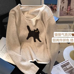 Warm Winter Dark Apricot Punk Cat Printed Sweater Crop Top Slim Sexy Women Short Jumper Knitted Pullover Korean Y2K Streetwear