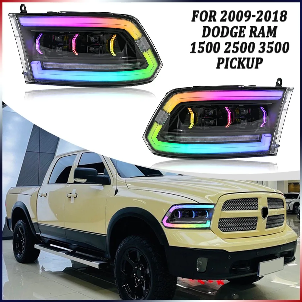 

1 пара светодиодных фар RGB для 2009-2018 Dodge RAM 1500 2500 3500 в сборе, аксессуары для фар DRL