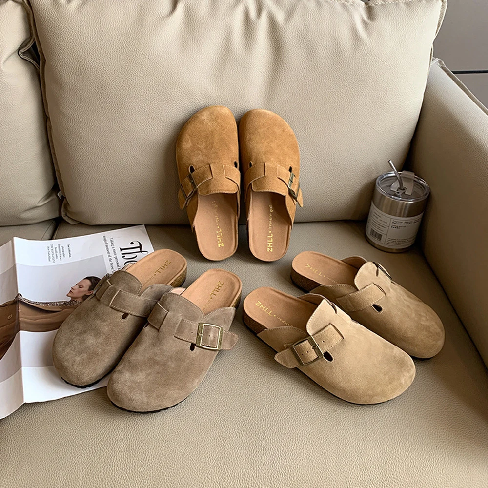 Fashion Women's Suede Mules Slippers Clogs Cork Insole Sandals With Arch Support Outdoor Beach Slides Home Shoes