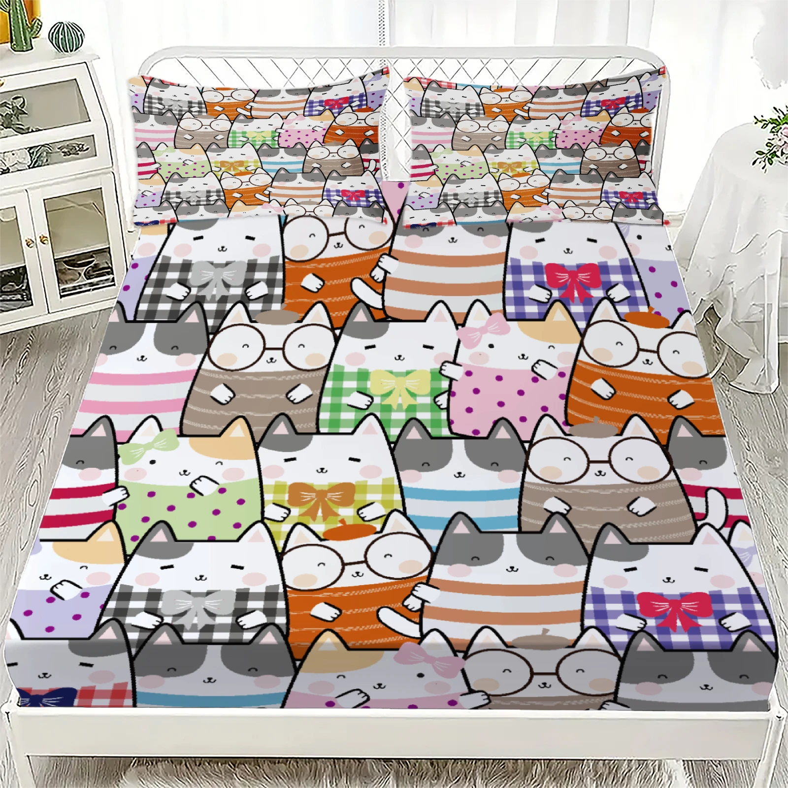 3pcs Fitted Sheet Set Colorful Cats Wearing Hats And Scarves Stain Resistant Bed Sheet With Pillowcases For Bedroom Decor