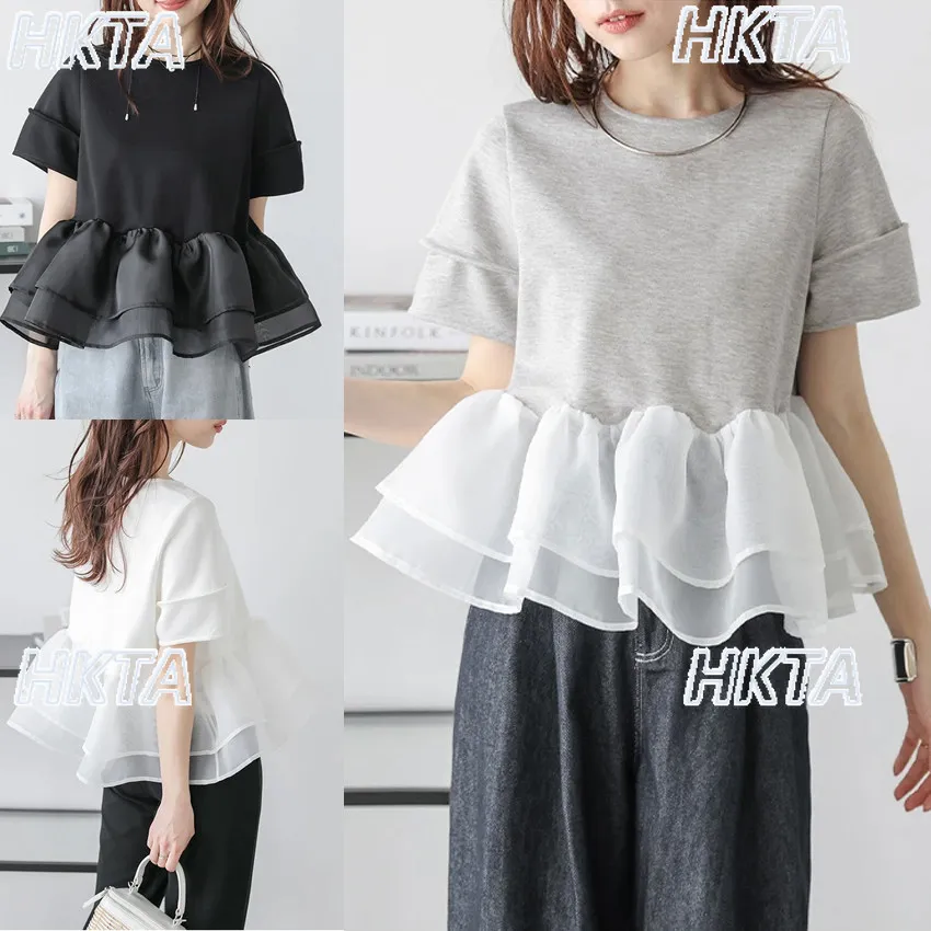 

Japanese Summer New Sweet Fashion Mesh Ruffle Edge Splicing Short Sleeve Tshirt Commuting Loose Black T Shirts Short Top Women