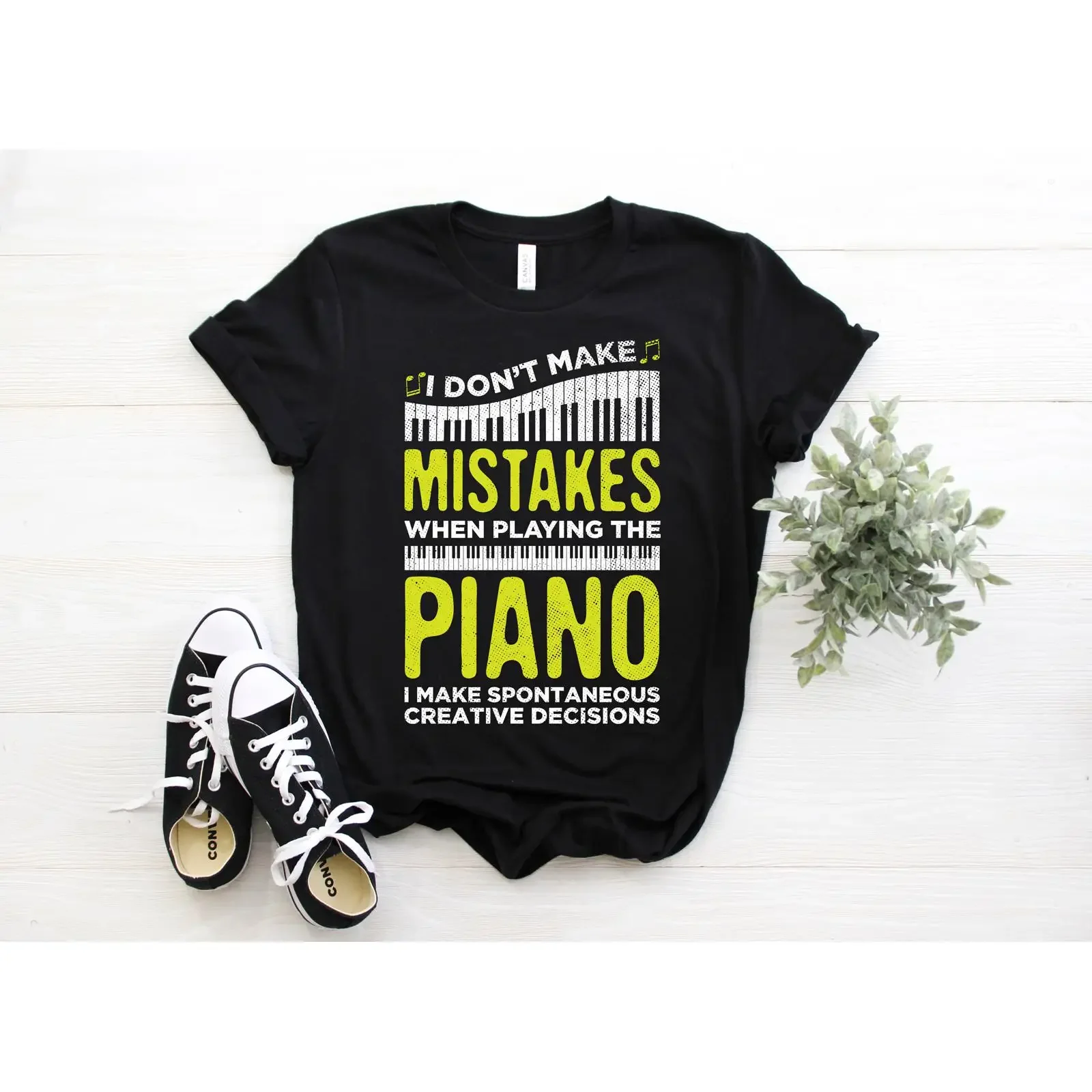 Funny Piano Mistake Quote T Shirt Spontaneous Creative Decisions for Players Lovers Teachers Students Musician Keyboard Unisex