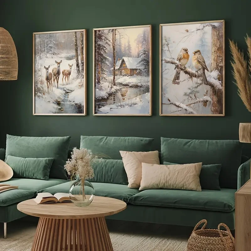 

3pcs/Set Rural Canvas Posters Retro Art Prints Deer Birds Snow Houses Forest Scenery Bedroom Kitchen Christmas Home Decorations