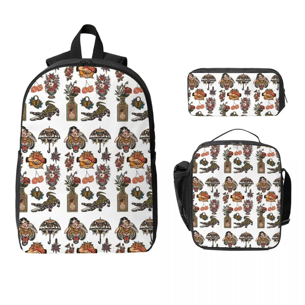 

Американский традиционный рюкзак с татуировкой и вспышкой, студенческая сумка для книг для мальчиков и девочек, школьная сумка, 3 шт., изолированная сумка для обеда, пенал