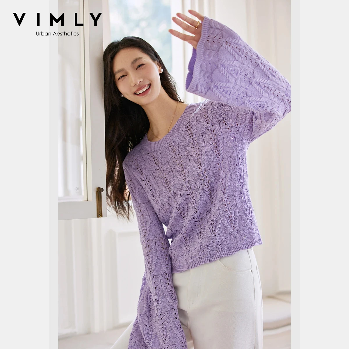 

VIMLY женский ажурный свитер, французский вязаный женский пуловер с круглым вырезом, осень 2021, элегантные женские джемперы с расклешенными рукавами 73920