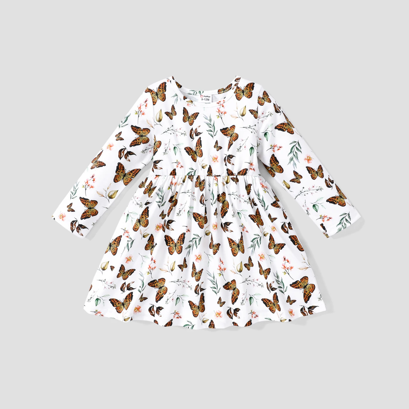 PatPat Baby Girl Ribbed Brown/White Butterfly Print Long-sleeve Dress Perfect for Outings and Daily Wear Basic Style