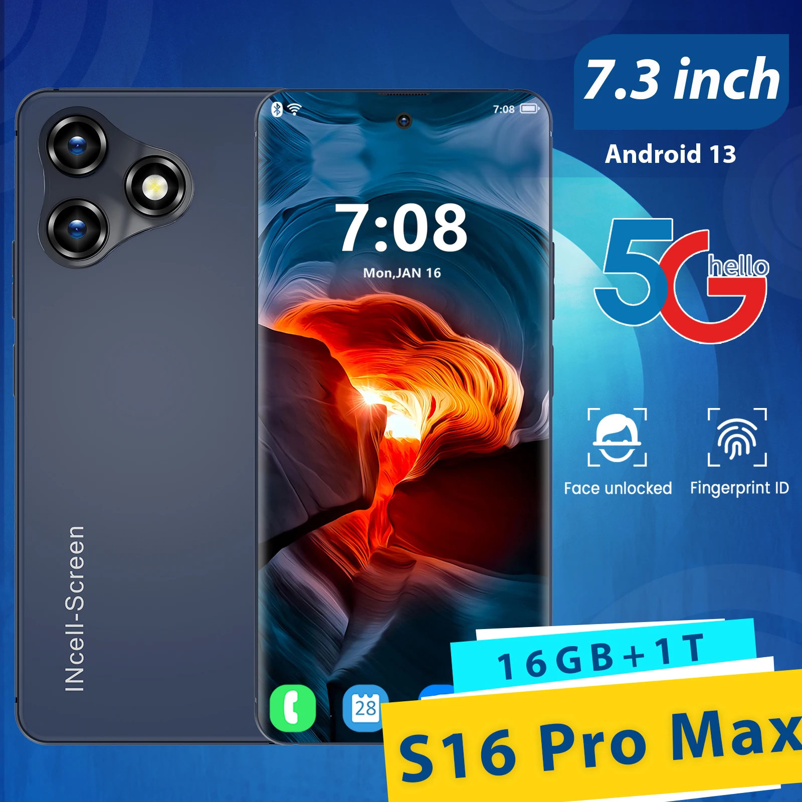 

2024 NEW S16Pro Max Smart phone 7.3 HD Screen 16G+1T 8000mAh Android13 Celulare 5G Dual Sim Face Unlocked Original Mobile Phone