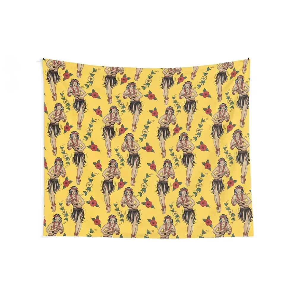 Jerry’s Traditional Aloha Hula Girls In Hawaii Pattern In Yellow Tapestry Wall Mural Room Aesthetic Tapestry