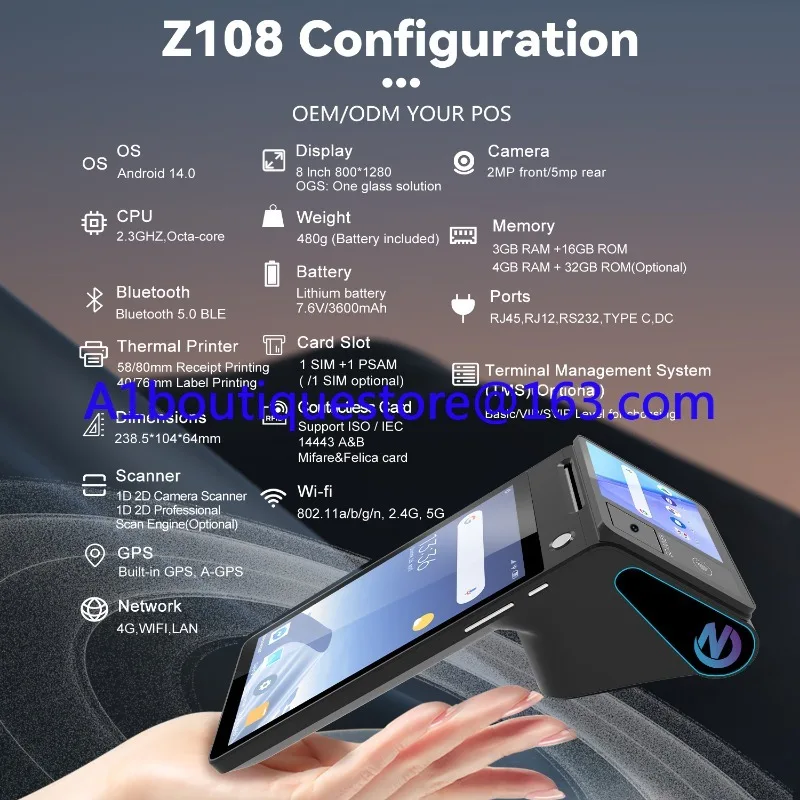 Android 14.0 Dual Screen 8 inch 3 gb + 16 gb/32 gb Handheld Pos Systeem 58mm Printer Z108 Nfc Kassa Epos Machine eindpunt