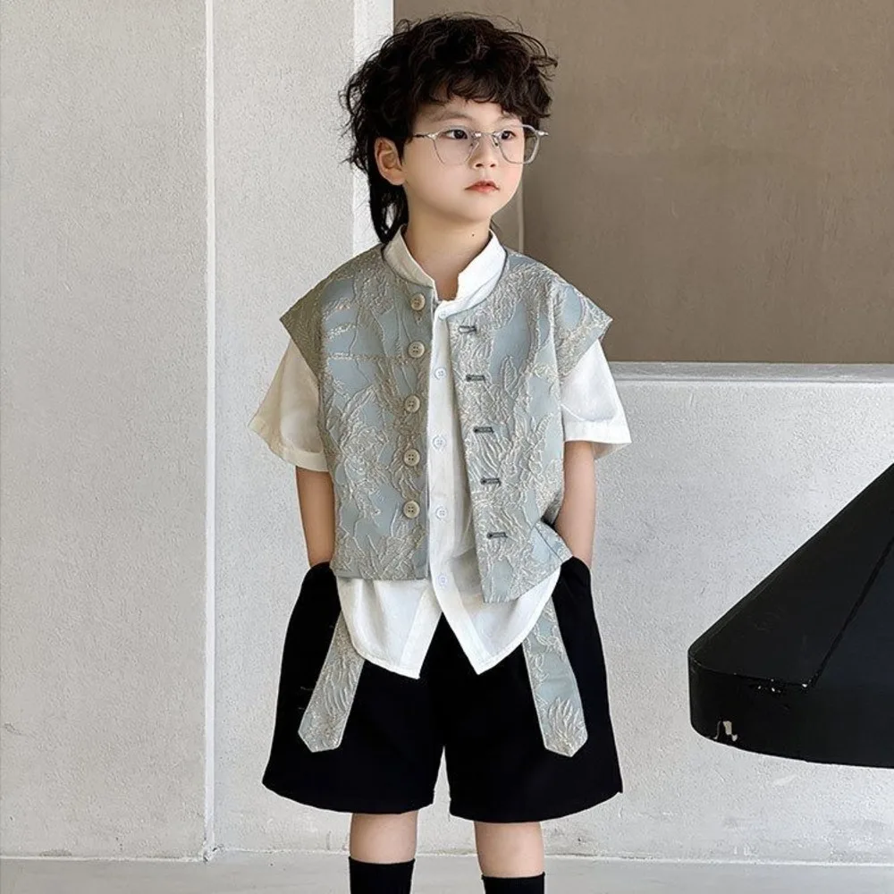 Boys' Short Sleeved Shirt Vest Shorts 3pcs Sets With Carved Round Neck Retro Standing Neck Tops Summer Fashion Handsome Suits