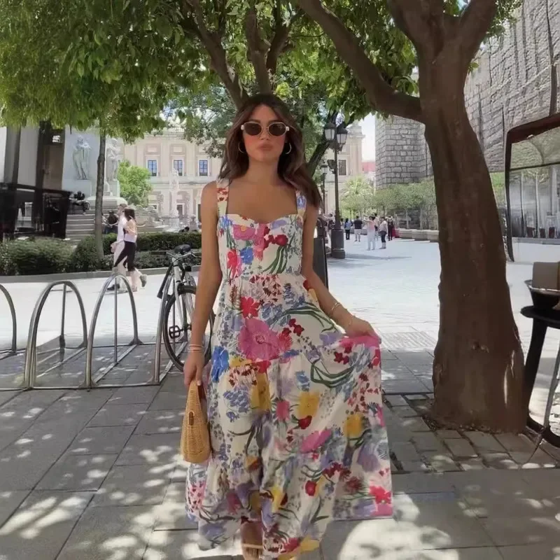 

Sexy Spaghetti Strap Dress Loose Fit Slash Neck Sleeveless Backless Floral Printed Long Skirts High Waist Chic Style Party Dress