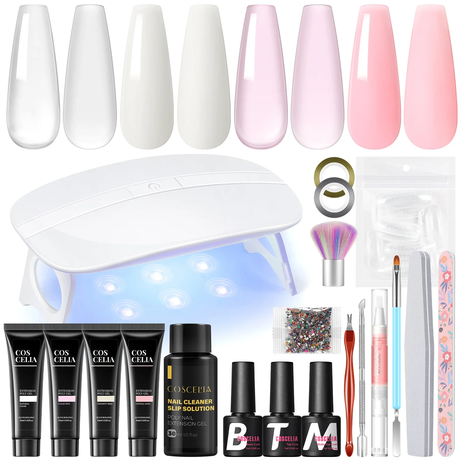 COSCELIA Nail Starter Kit with 6W Nail Lamp 4PCS Poly Extension Gel Base Top Coat Slip Solution Nail Art Design Tools