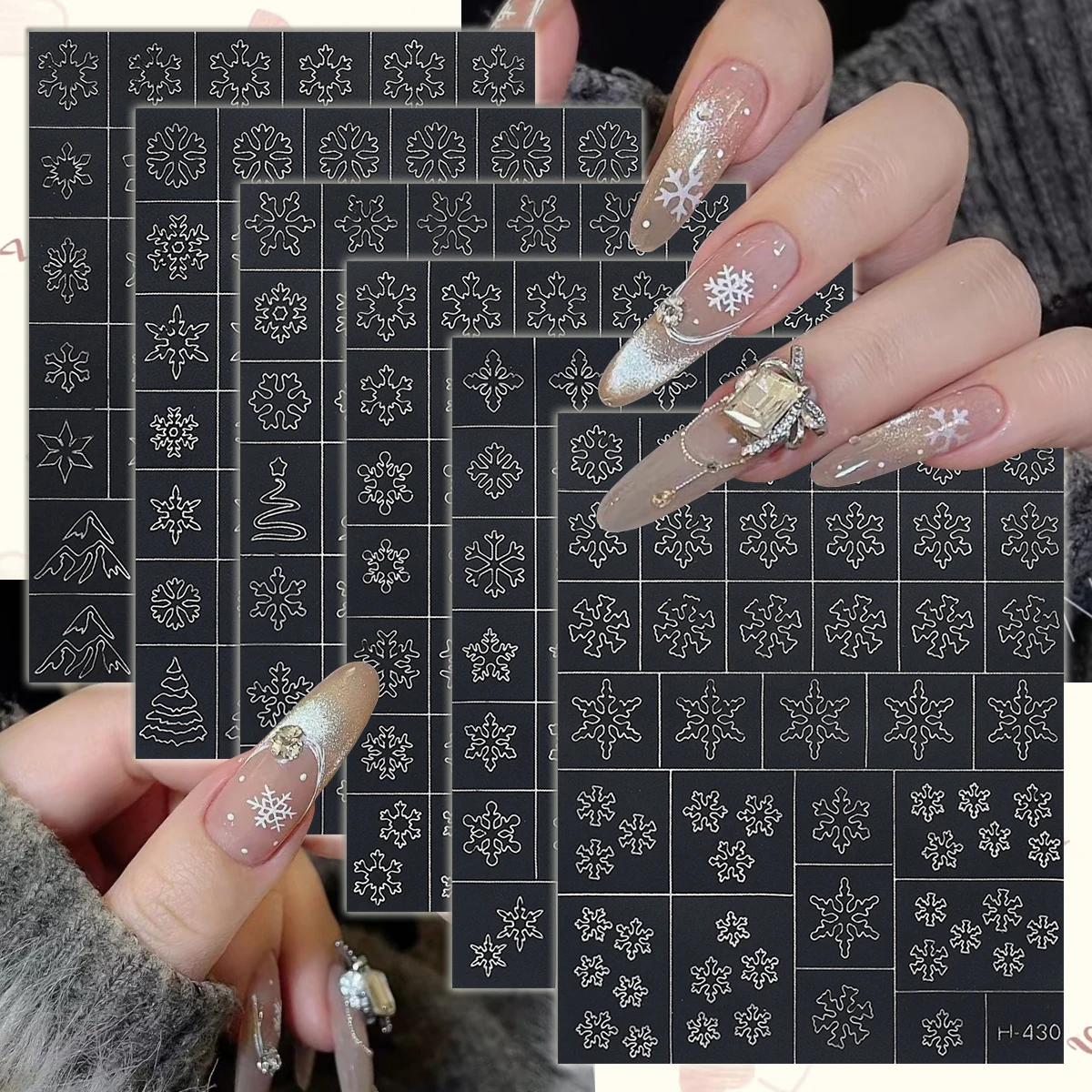 3/6/12 Blatt Schneeflocken-Nagelschablonen-Aufkleber, weiß, Winter, Weihnachten, Schnee, Design, selbstklebende Nagelaufkleber für Urlaubsmaniküre
