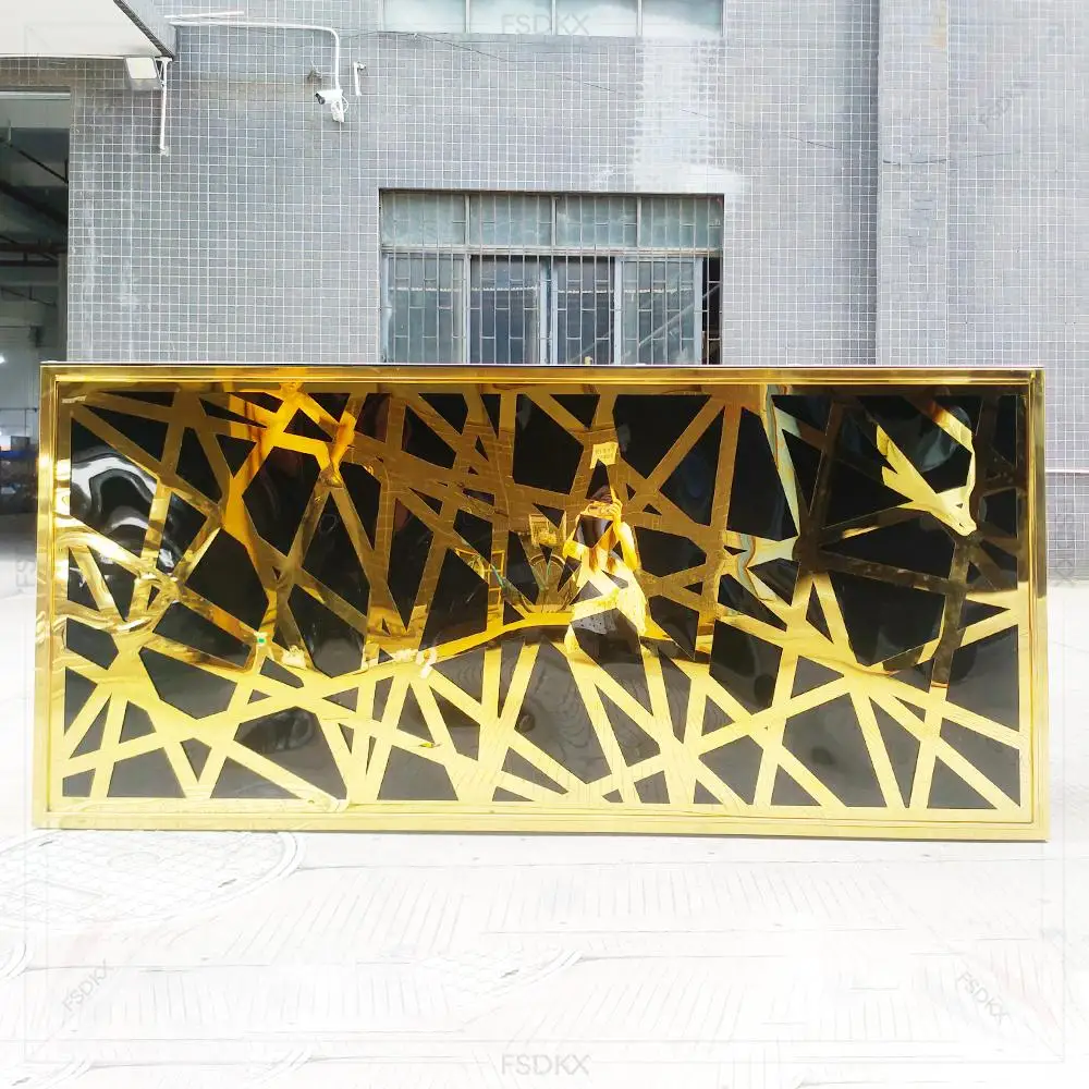 Luxury Gold Stainless Steel Bar Cabinet with Geometric Pattern, Black Glass Sideboard Console for Wedding Event