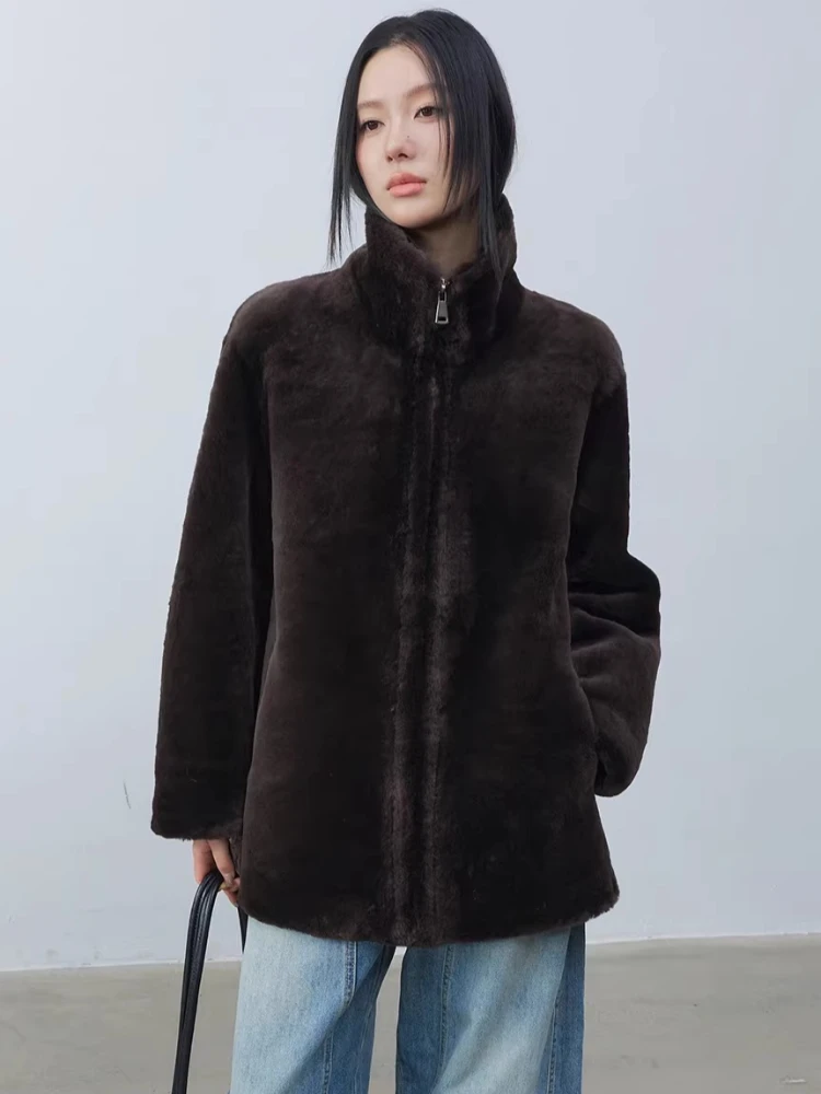 

High-end Luxury Merino Sheep Fur Plush Jackets for Women Simple Stand Collar Mid-length Winter Genuine Leather Real Fur Coat