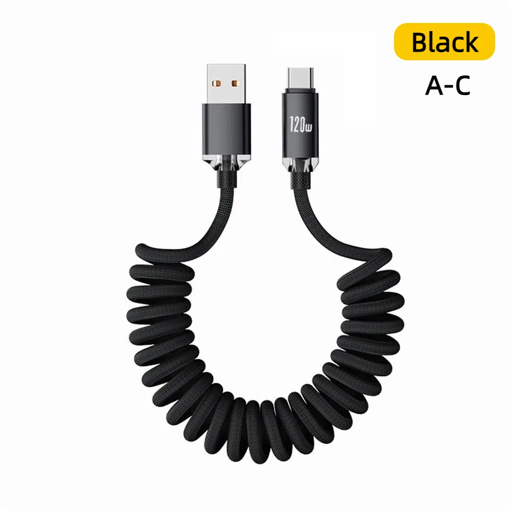 NNBILI 120W Schnellladekabel Typ-C A-C und C-C, einziehbares Spiralkabel, robustes, geflochtenes Nylonkabel für iPhone und Huawei