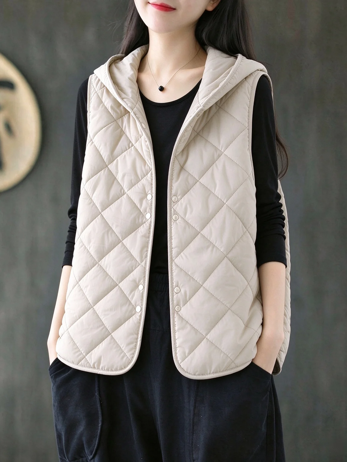 Lightweight Cotton Jacket Women's Autumn Winter Warmth Vest Sleeveless Hooded Open Cardigan Short Outerwear Geometric Pattern