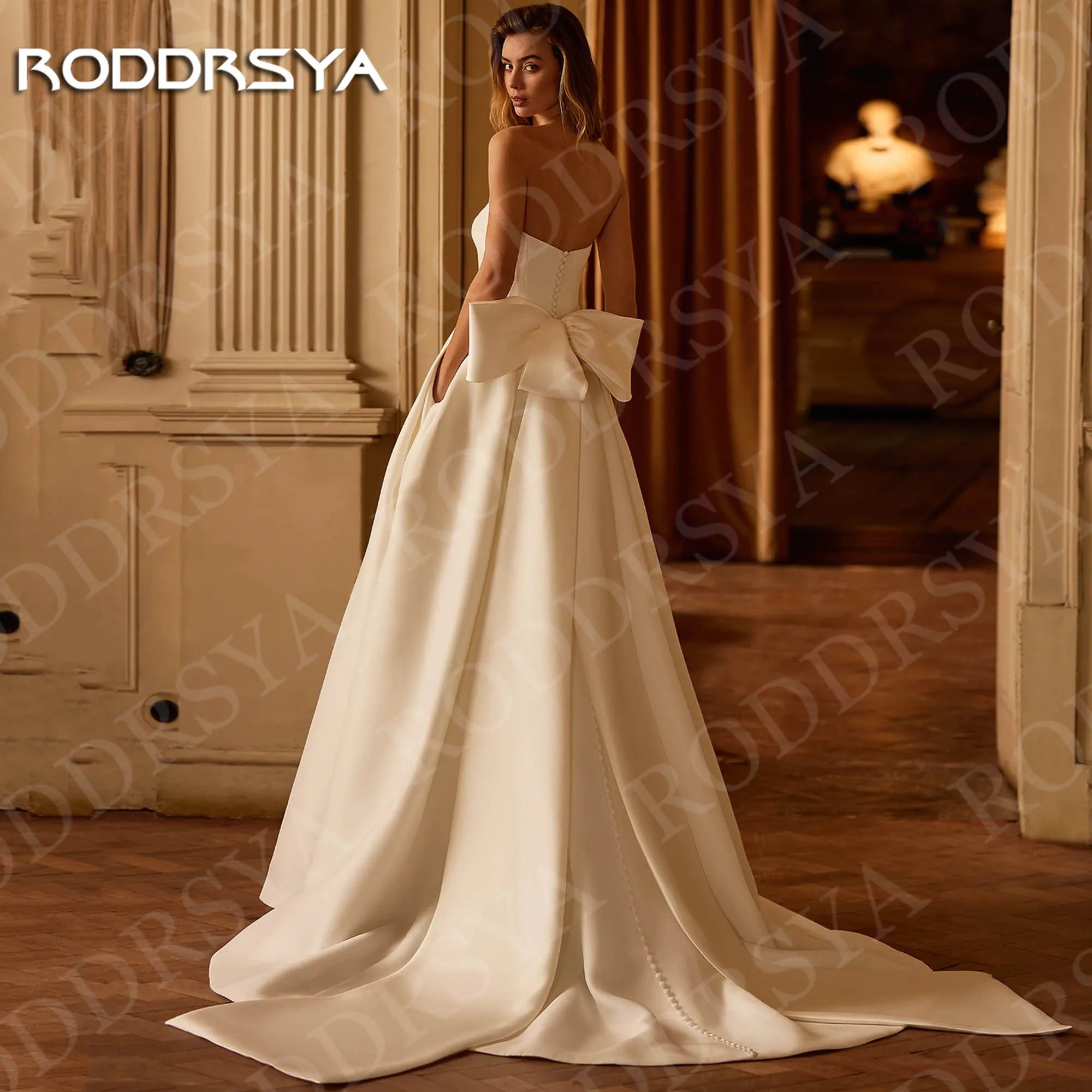 Roddrsya clássico vestidos de casamento cetim vestidos de noiva sem alças mulher querida pescoço uma linha vestido de noiva com bolsos personalizados Vestidos de noiva clássicos cetim vestidos de noiva sem alças mulher