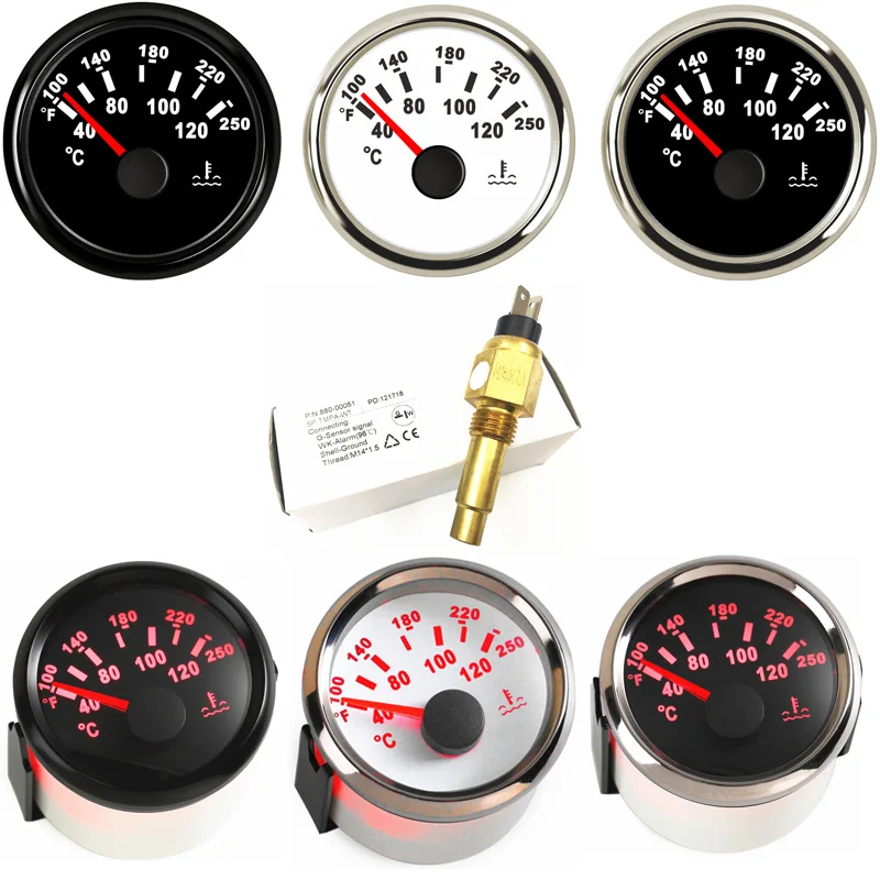 52mm Pointer Water Temp Gauges 40-120Degree Devices 287.4-22.4ohm Signal M14x1.5 M16x1.5 NPT3/8 Water Temp Sensors for Auto Boat