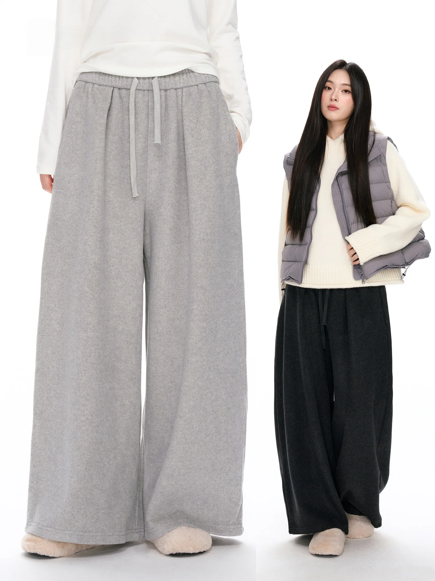 

Nikoq Woolen Fce Lined Thiened Elastic Waist Wide Leg Casual Pants Women Winter New Sle Comfortable Soft Texture Trousers