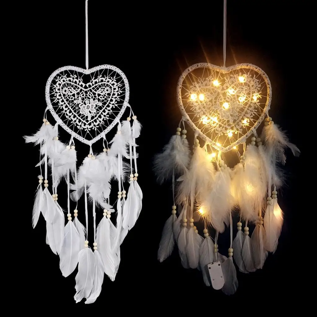 Handmade Heart Feathers Dream Catcher Night Light Art แขวนผนังตกแต่งรถ