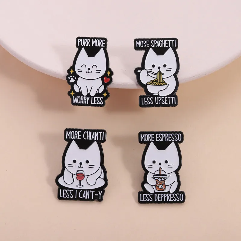 4 Pes Cute White Cat Creative Phrase Brooch Coffee Paggio Red Wine Cat Cartoon Metal Badge Costume Bag Accessories Holiday Gift