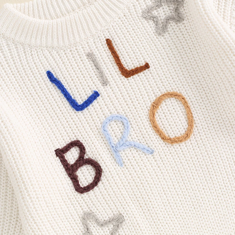 Little Kid Infant Baby Boys Sweater Letter LIL BIG Bro Star Embroidery Long Sleeve Knitwear Round Neck Loose Fit Pullover