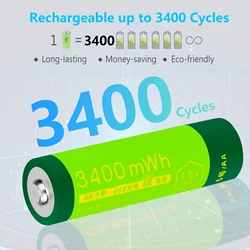 New 1.5V 3400mwh Rechargeable AA Battery Lithium Polymer Battery  AA Rechargeable Battery Quick Charging by Type-C USB Cable