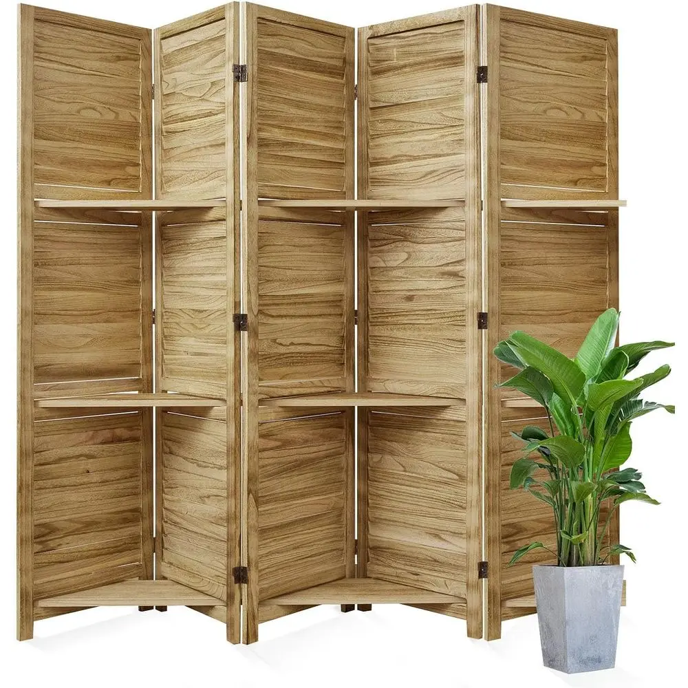 

5-Panel Wood Room Divider with 3 Shelves for Home, Office, and Art Display, 67 x 64