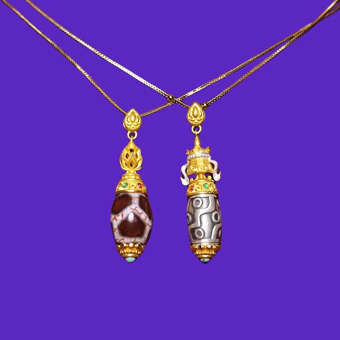 Tibetan Multiple Totems Daluo Dzi Blood Silk Agate Dzi Beads 3D 999 Silver S925 Plated Gold Combination Pendant Free Shipping