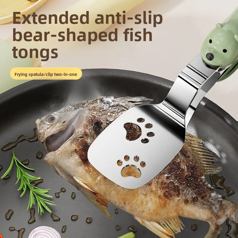 New Little Bear Fish Frying Clips Stainless Steel Kitchenware Can Clip Shovel Dual Purpose Kitchen Multi Functional Spatula Clip