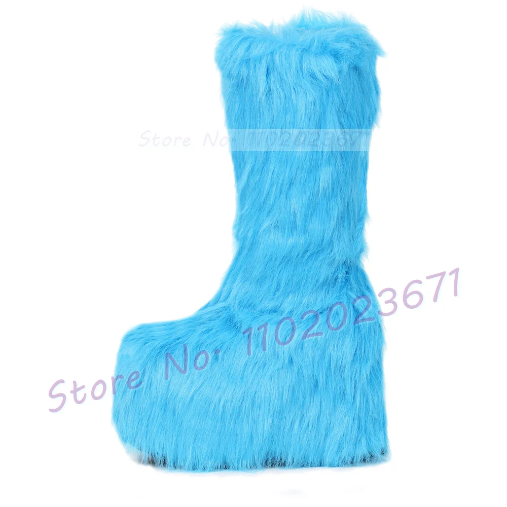 Chunky Heel Platform Tall Boots With Fur Women Fashion Winter Warm Furry Shoes Girl\'s Lovely Festival Side-zip Knee High Boots