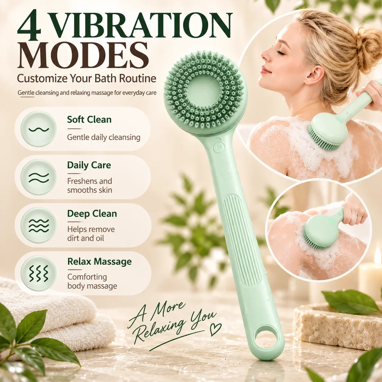 Rotating Electric Body Brush with 2 Heads Back Scrubber for Shower Waterproof Long Handle Body Scrubber Bath Brush for Clean