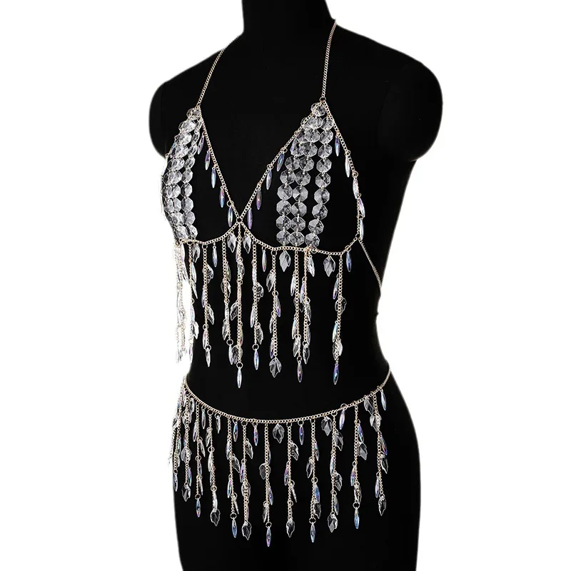 Body Jewelry Bra Chain Exaggerated Sexy Hollow out Backless  Acrylic Rhinestone Tassel Pendant Chest Night Club Party Dance
