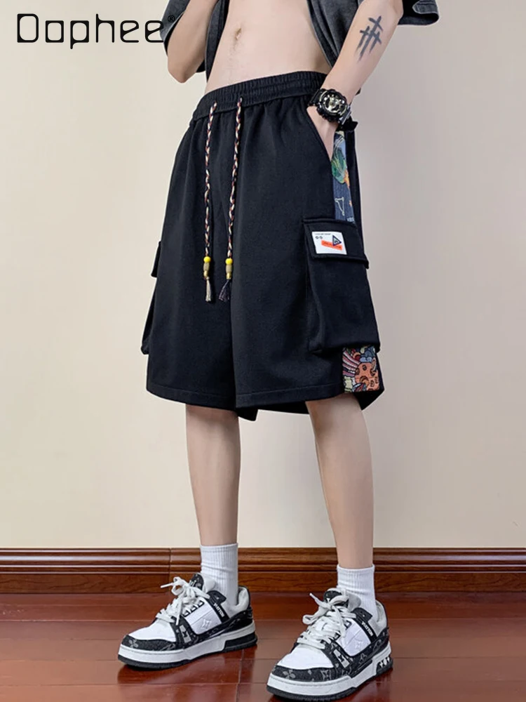 

2025 Summer Patchwork Men's Black Cargo Shorts Trendy Off-White Green Loose Casual High-Waisted Drawstring Five-Point Shorts