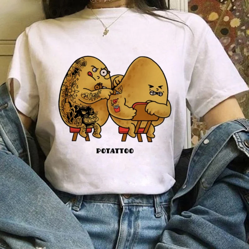 Fun Potato Pattern Cartoon Clothing Printed White T-Shirt Casual Style 90s Top Women's Short Sleeved Round Neck Trendy T-Shirt