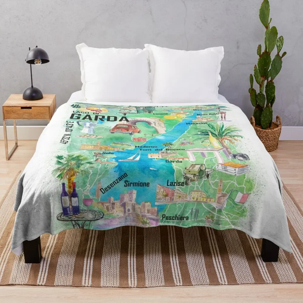 

Lake Garda Italy Illustrated Map with Roads and Tourist Highlights Throw Blanket Modern Design Soft Blanket for Home Decor