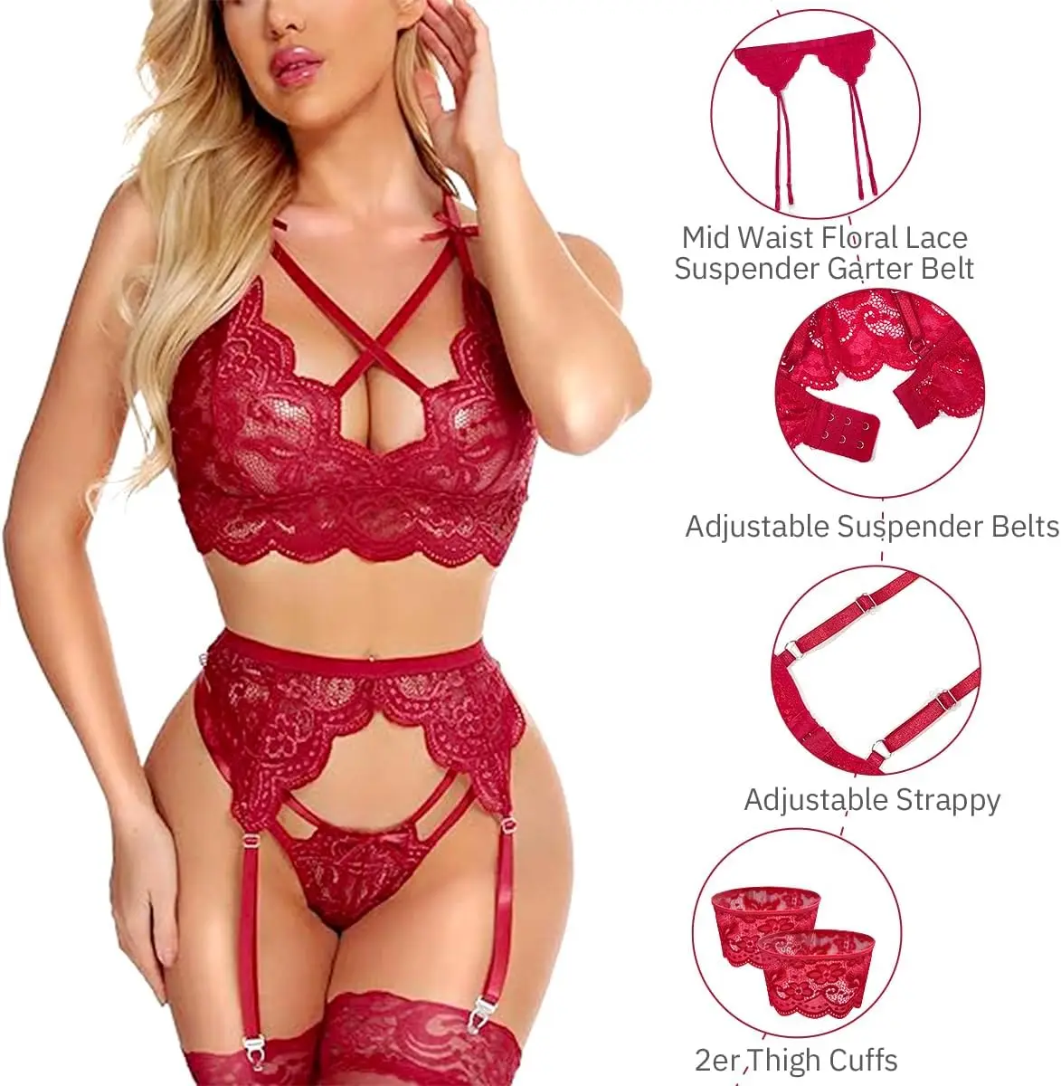 Women\'s Lingerie Set 3 Pc with Garter Belt Lace Bra and Panties Set High Waisted Suspenders Babydoll Deep V Sleepwear for Women