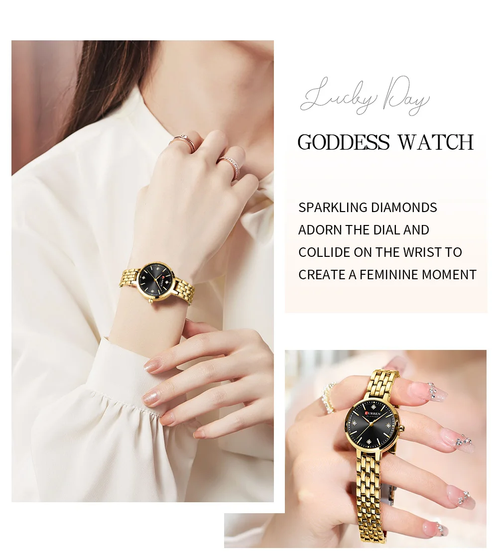 CURREN Damen Minimalistische Dünne Armbanduhr mit Funkelnden Strasssteinen, Luxuriöse Quarzuhr als Geschenk für Sie – Detail 2