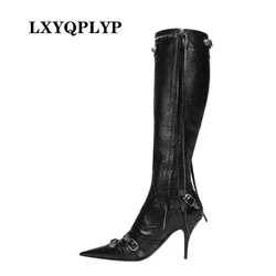 New Fashion Luxury Pointed Toe Stiletto Women's Shoes Retro Metal Buckle Zipper Knee High Boots Slim Tassel Boots Women Size 43