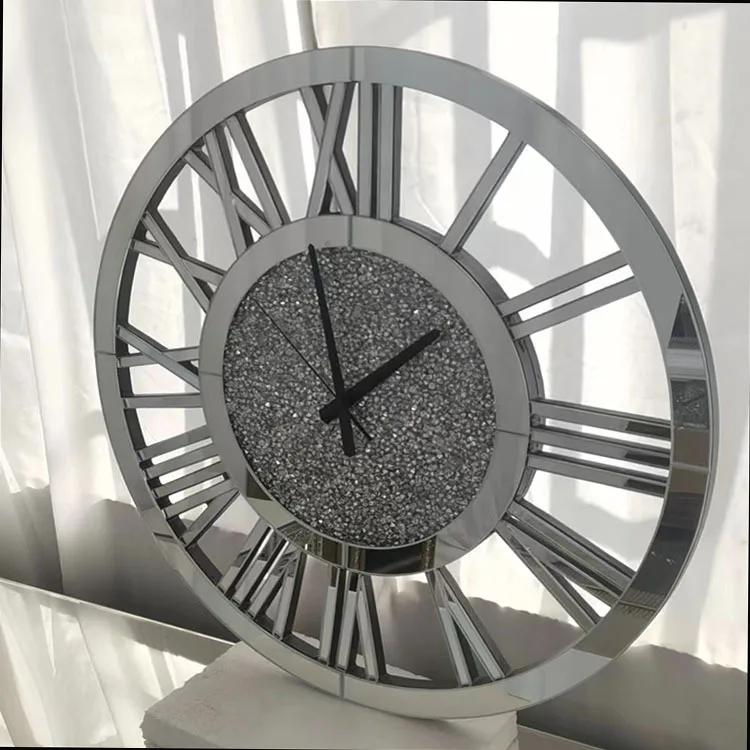 

Hot Sale Hot Living Room Home Silver Mirror Rhinestone Roman Numeral Clock Silent Wall Clock