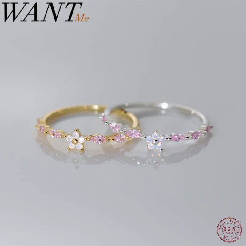 WANTME 925 Sterling Silver Romantic Pink Zircon Flower Open Finger Ring for Women Fashion Sweet Girl Party Luxury Trend Jewelry