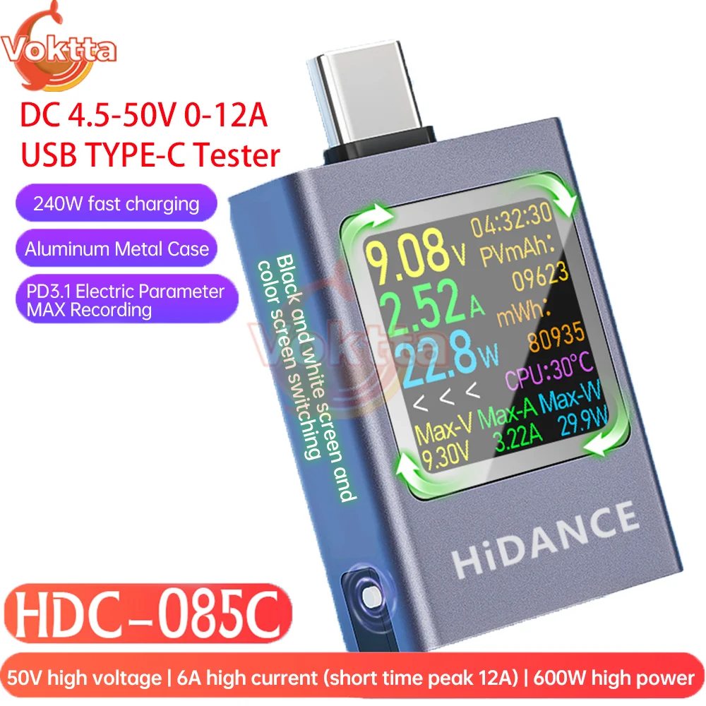 Voltímetro Usb Tipo-c com Display Led Amperímetro Corrente dc Medidor de Tensão Banco de Potência dc 4.550v 012a