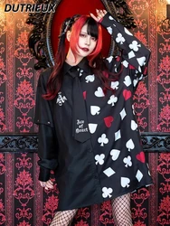 Japanese Style Harajuku Girl Mine Long Sleeve Printed Poker Black Mid-Length Shirt Tie Detachable Sleeves Tops for Women