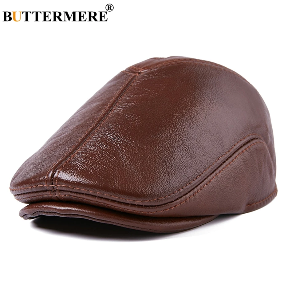 BUTTERMERE Genuine Leather Flat Caps Berets Men Brown Duckbill Hat Cowskin Male Real Leather Autumn Winter Cabbie Driving Caps